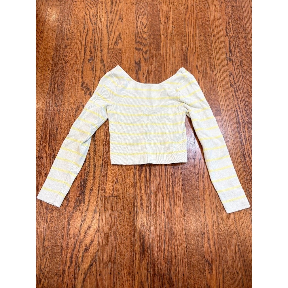 90s Y2K Pastel Blue‎ Neon Yellow Stripe Long Sleeve Ribbed Zara Top Small
